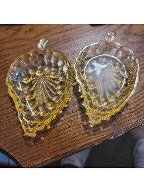 Vintage 1950s Anchor Hocking Amber Bubble Glass Leaf Mini Dish Set Pair
